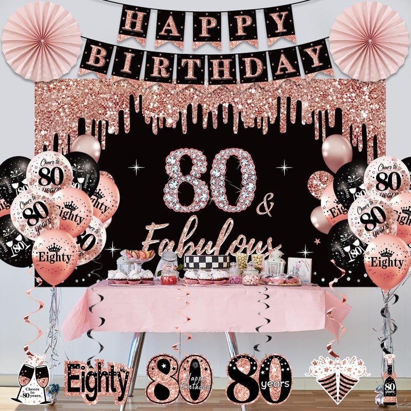 Uiorgui 80th Birthday Decorations for Women, 33pcs 80th Birthday Crown and Sash, Black Rose Gold Happy 80th Birthday Banner Balloons Backdrop Hanging Swirls Paper Fans, 80 Years Old Birthday Decorations Kit - Image 5
