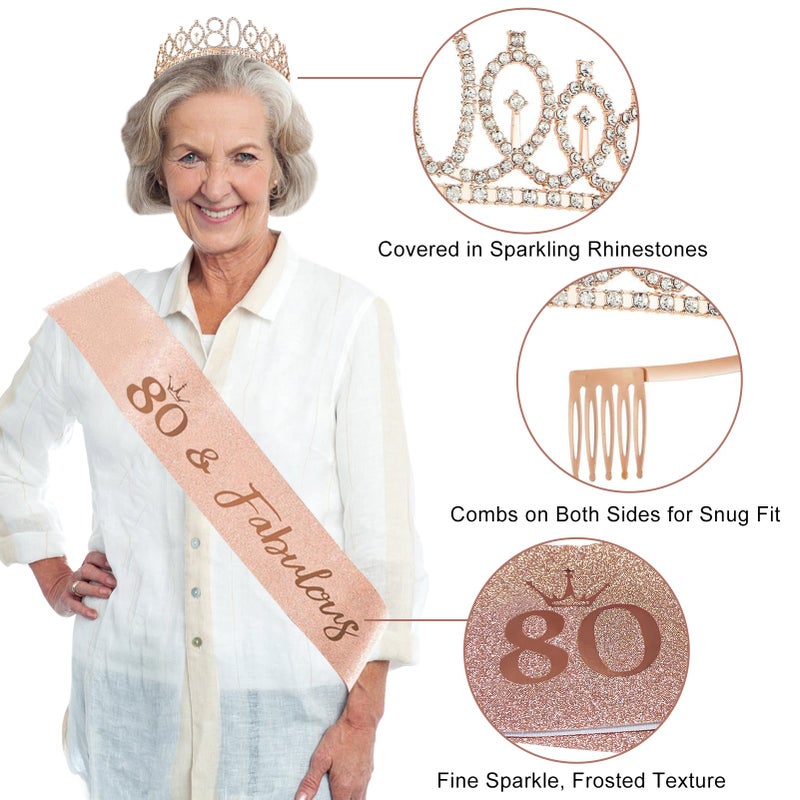 Uiorgui 80th Birthday Decorations for Women, 33pcs 80th Birthday Crown and Sash, Black Rose Gold Happy 80th Birthday Banner Balloons Backdrop Hanging Swirls Paper Fans, 80 Years Old Birthday Decorations Kit - Image 4