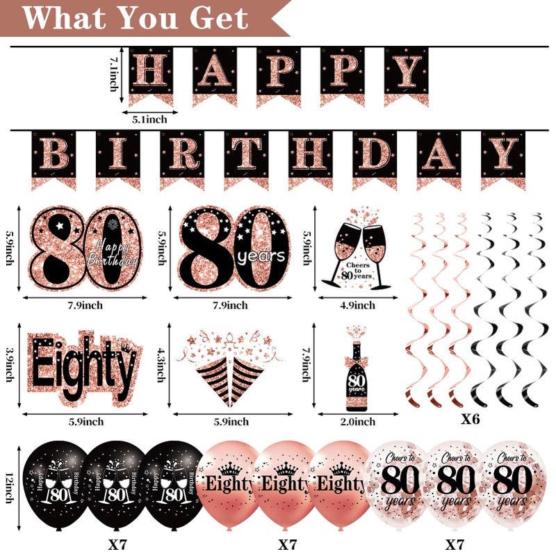 Uiorgui 80th Birthday Decorations for Women, 33pcs 80th Birthday Crown and Sash, Black Rose Gold Happy 80th Birthday Banner Balloons Backdrop Hanging Swirls Paper Fans, 80 Years Old Birthday Decorations Kit - Image 2