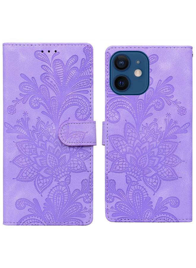 S-TOP Case For iPhone 12 Lace Floral Embossed Magnetic Buckle PU Phone Case With Wrist Strap - Image 1