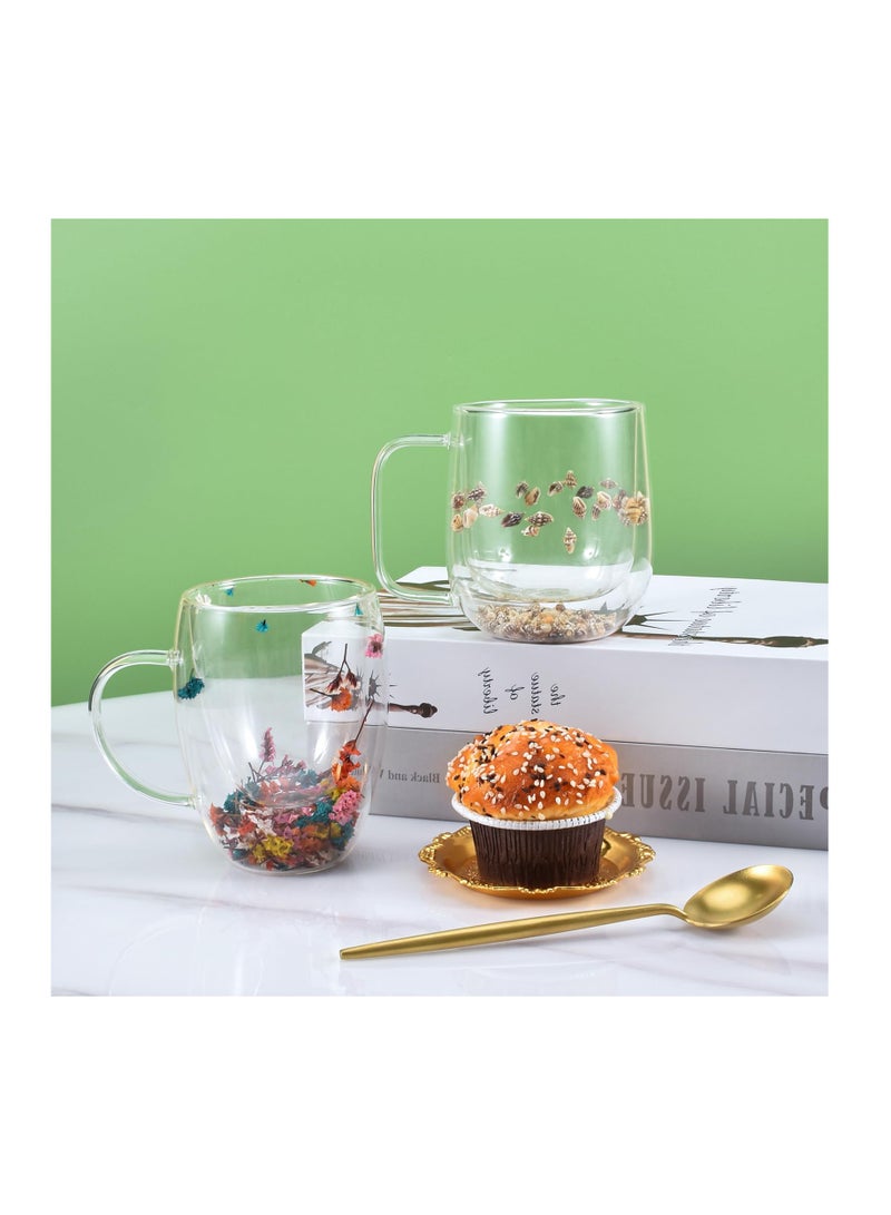 Excefore كوب قهوة زجاجي مزدوج الجدران مع مقبض، كوب قهوة بعزل حراري، أكواب ديميتاس الشفافة مع زهور، مثالي للكابتشينو والشاي واللاتيه والإسبريسو والمشروبات الساخنة، 300 مل - Image 3