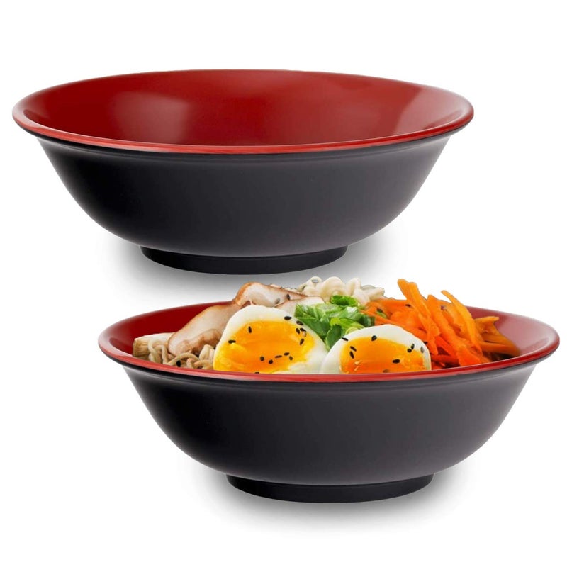 Happy Sales HS2BM-48RDBK  Set of 2 Japanese Melamine 48 oz Large Bowls Multi Purpose Bowls Rice Noodle Soup Udon Pho Tayo Ramen Bowls 9"" D  Black & Red - Image 1