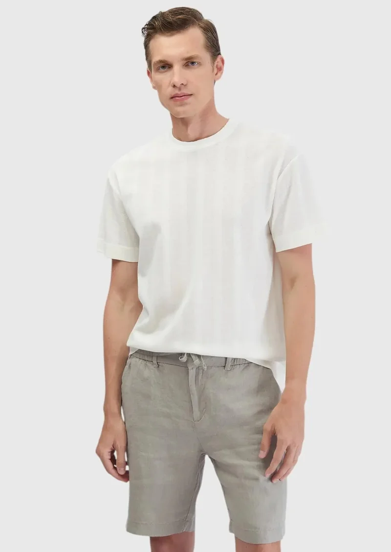 رامسي تيشيرت قطني 100% بياقة دائرية بنقشة جاكار بلون بيج فاتح