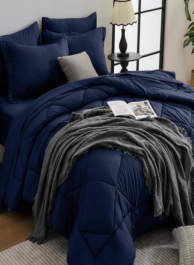 HEVUMYI Navy Blue Cali-King Comforter Set - 7-Piece All Season Bed in a Bag Cali-King, Ultra Soft Bedding Set with Comforter, Flat Sheet, Fitted Sheet, Pillowcases, Pillow Shams, Navy Blue - Image 1