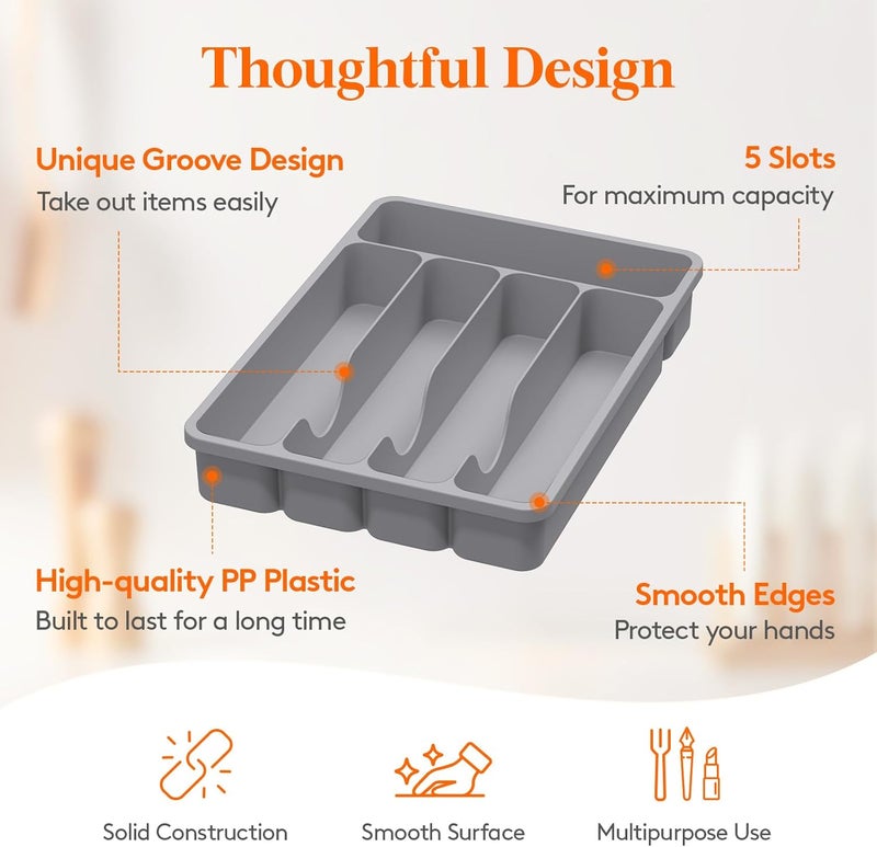 Lifewit Cutlery Drawer Organizer, Kitchen Drawer Organizer Tray Storage Utensils Cutlery Storage Tray for Spoons Forks Knives Dishes, 5 Compartments, Gray - Image 3