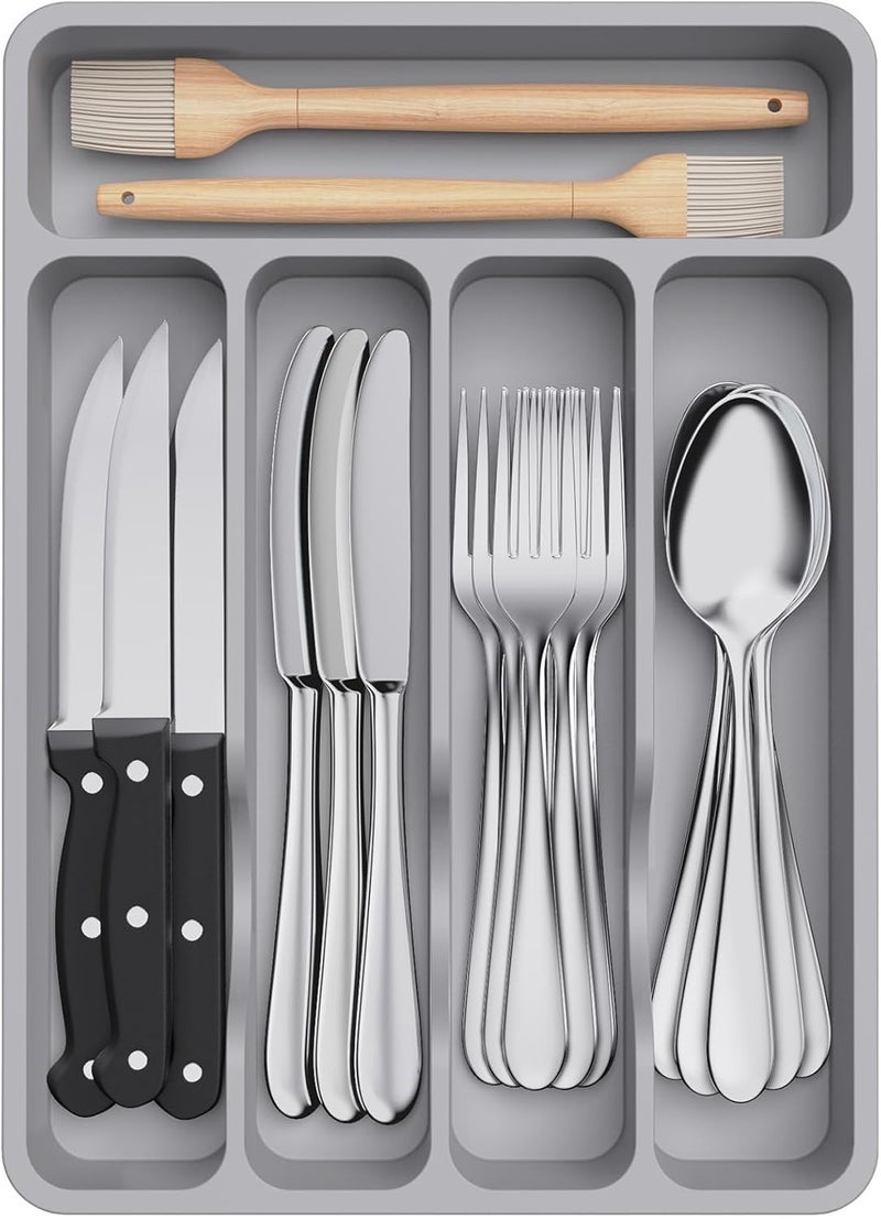 Lifewit Cutlery Drawer Organizer, Kitchen Drawer Organizer Tray Storage Utensils Cutlery Storage Tray for Spoons Forks Knives Dishes, 5 Compartments, Gray - Image 1