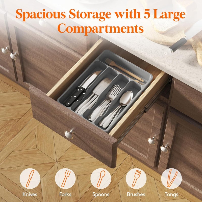 Lifewit Cutlery Drawer Organizer, Kitchen Drawer Organizer Tray Storage Utensils Cutlery Storage Tray for Spoons Forks Knives Dishes, 5 Compartments, Gray - Image 4