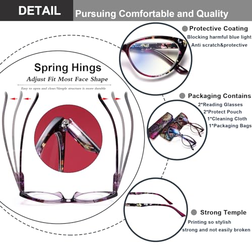 EYEURL Cat Eye Reading Glasses for Womens Set of 2 Blue Light Blocking Computer Readers +1.5 Ladies Eyeglass Quality Frame Lightweight and Comfortable - Image 4