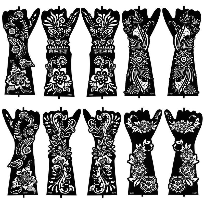 PADOUN Large Henna Tattoo Stencil Kit - 10 Sheets, Reusable Adhesive Templates for Women and Girls, Indian Arabian Tattoo Stickers for Hand and Body Paint - Body Art Stencil Temporary Tattoos - Image 1