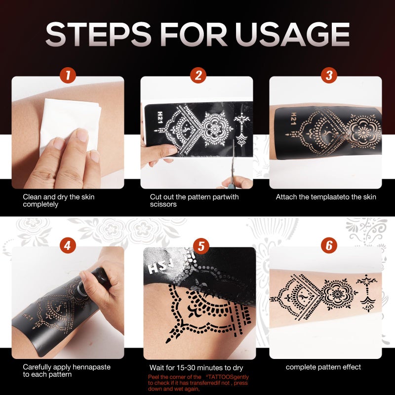 PADOUN Large Henna Tattoo Stencil Kit - 10 Sheets, Reusable Adhesive Templates for Women and Girls, Indian Arabian Tattoo Stickers for Hand and Body Paint - Body Art Stencil Temporary Tattoos - Image 3