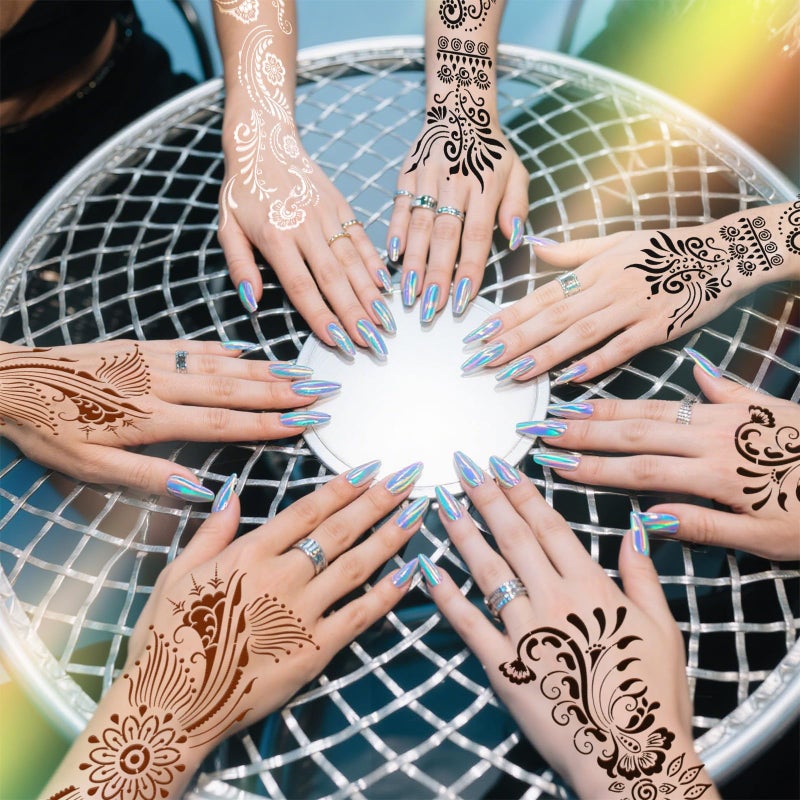 PADOUN Large Henna Tattoo Stencil Kit - 10 Sheets, Reusable Adhesive Templates for Women and Girls, Indian Arabian Tattoo Stickers for Hand and Body Paint - Body Art Stencil Temporary Tattoos - Image 4