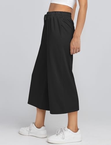TARSE Women's Capris Plus Size Lightweight Summer Cropped Pants Casual Wide Leg Yoga Sweatpants with Pockets (Black,XXL) - Image 2