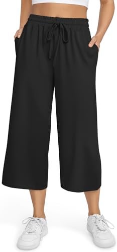 TARSE Women's Capris Plus Size Lightweight Summer Cropped Pants Casual Wide Leg Yoga Sweatpants with Pockets (Black,XXL) - Image 1