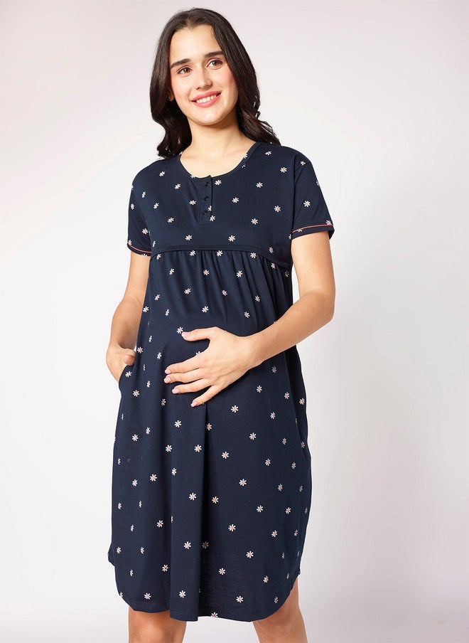 beebelle Navy Blue Floral Printed Maternity Nightdress - Image 1