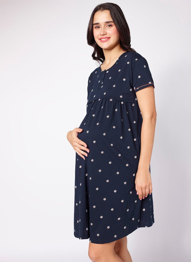 beebelle Navy Blue Floral Printed Maternity Nightdress - Image 3