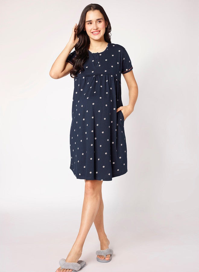 beebelle Navy Blue Floral Printed Maternity Nightdress - Image 5