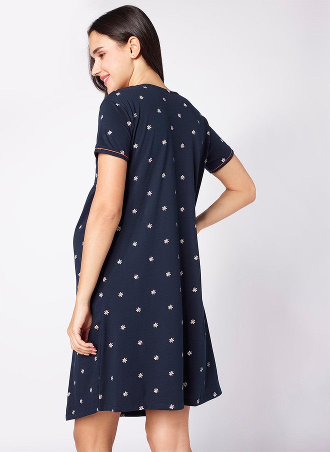 beebelle Navy Blue Floral Printed Maternity Nightdress - Image 4
