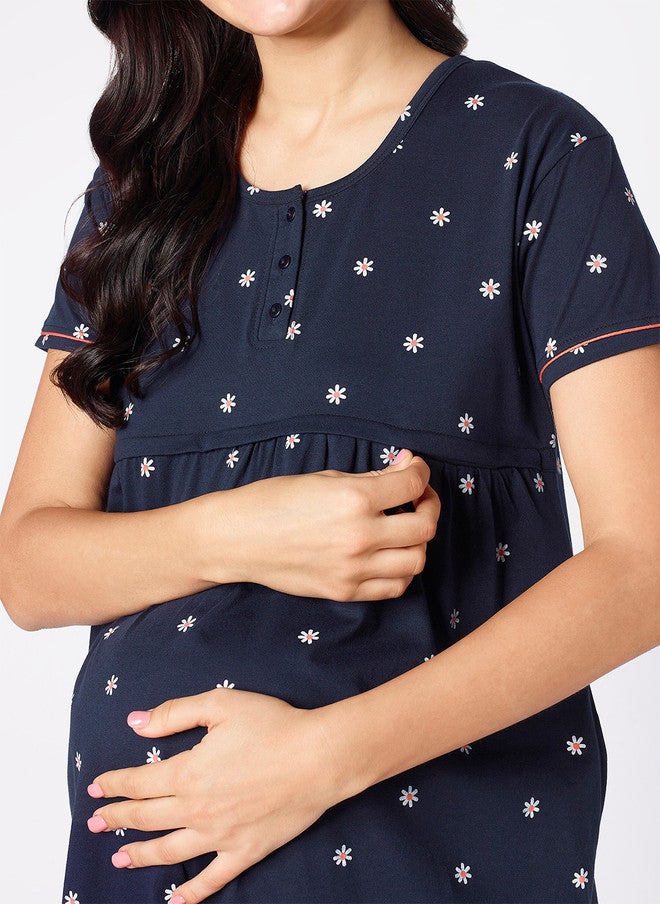 beebelle Navy Blue Floral Printed Maternity Nightdress - Image 2