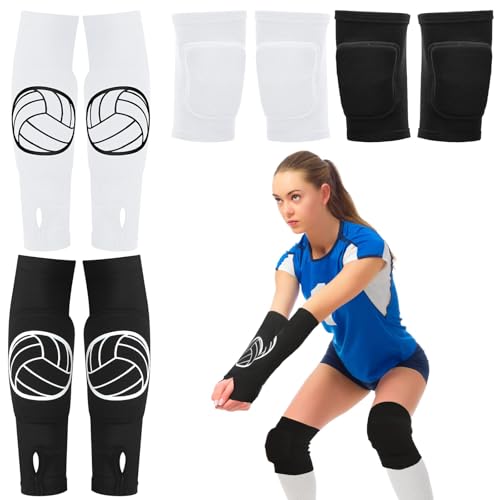 Sosation 2 Set Volleyball Knee Pads and Volleyball Arm Sleeves with Protection Pad Compression Forearm Wrist Guard with Thumb Hole Soft Breathable for Hitting Passing(Black, White) - Image 1