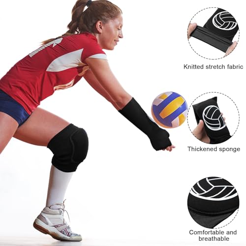 Sosation 2 Set Volleyball Knee Pads and Volleyball Arm Sleeves with Protection Pad Compression Forearm Wrist Guard with Thumb Hole Soft Breathable for Hitting Passing(Black, White) - Image 4