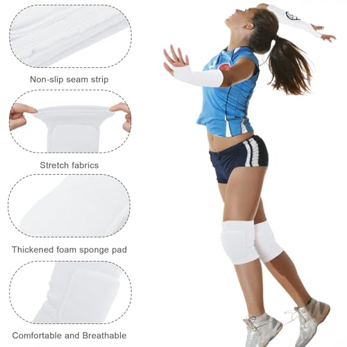 Sosation 2 Set Volleyball Knee Pads and Volleyball Arm Sleeves with Protection Pad Compression Forearm Wrist Guard with Thumb Hole Soft Breathable for Hitting Passing(Black, White) - Image 3