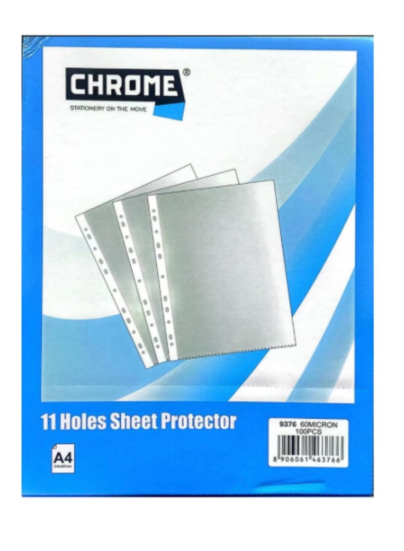chrome 100 قطعة واقي أوراق A4 11 ثقب سمك 60 ميكرون شفاف - Image 1
