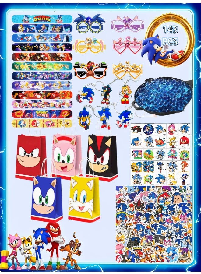Sonic Party Favors Set, Blue Hedgehog Birthday Party Supplies Include Keychains, Slap Bracelets, Party Glasses, Gift Bags, Stickers, Temporary Tattoos, Water Beads, Kids Birthday Goodie Bag Fillers for Game Themed Party Decorations - Image 1