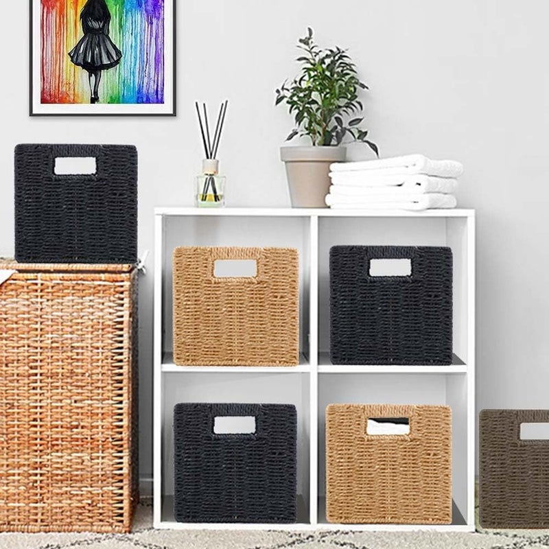 Ukontagood 6 Pack 8.7 Inch Wicker Baskets, Hand Woven Paper Rope Storage Baskets, Foldable Cube Storage Bins Organizer Square Wicker Cubes for Shelves Pantry Organizing & Decor - Image 2