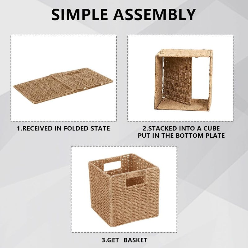 Ukontagood 6 Pack 8.7 Inch Wicker Baskets, Hand Woven Paper Rope Storage Baskets, Foldable Cube Storage Bins Organizer Square Wicker Cubes for Shelves Pantry Organizing & Decor - Image 4