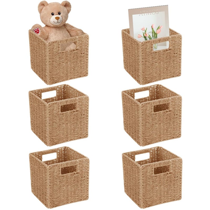 Ukontagood 6 Pack 8.7 Inch Wicker Baskets, Hand Woven Paper Rope Storage Baskets, Foldable Cube Storage Bins Organizer Square Wicker Cubes for Shelves Pantry Organizing & Decor - Image 1