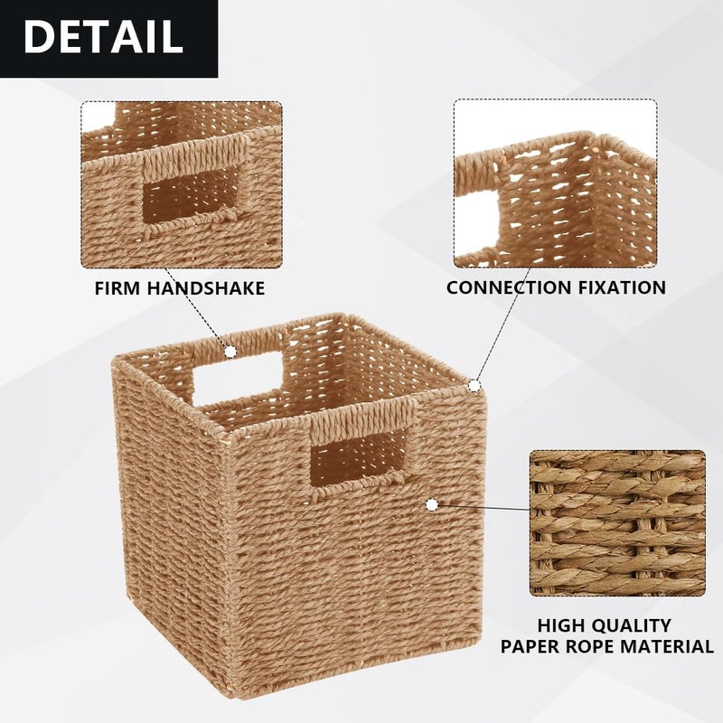 Ukontagood 6 Pack 8.7 Inch Wicker Baskets, Hand Woven Paper Rope Storage Baskets, Foldable Cube Storage Bins Organizer Square Wicker Cubes for Shelves Pantry Organizing & Decor - Image 3