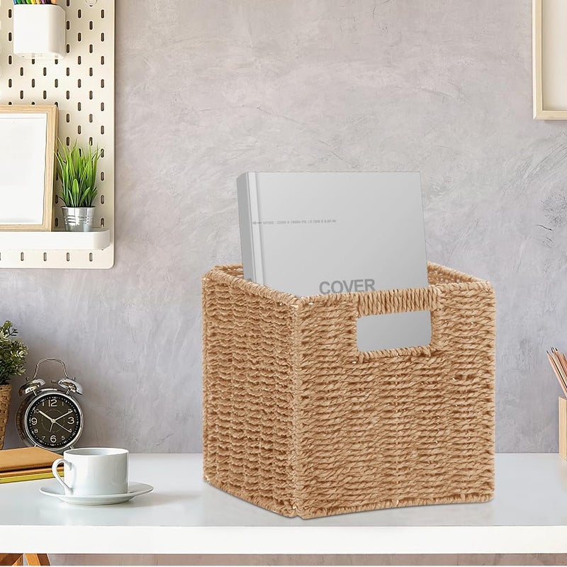 Ukontagood 6 Pack 8.7 Inch Wicker Baskets, Hand Woven Paper Rope Storage Baskets, Foldable Cube Storage Bins Organizer Square Wicker Cubes for Shelves Pantry Organizing & Decor - Image 5