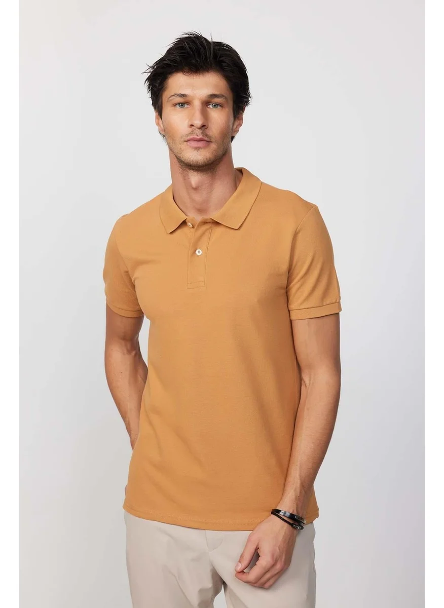 Tudors Men's Slim Fit Narrow Cut Cotton Plain Pique Cinnamon Color Polo Collar T-Shirt