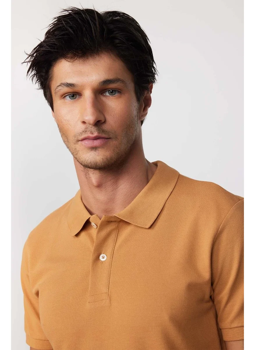 Tudors Men's Slim Fit Narrow Cut Cotton Plain Pique Cinnamon Color Polo Collar T-Shirt