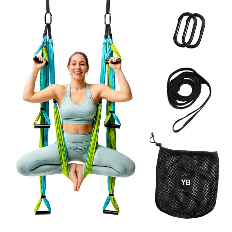 Yoga Trapeze مجموعة أرجوحة اليوغا للتدريب في المنزل والخارج | إعداد سهل للقوة والتوازن وتخفيف آلام الظهر | أحزمة قابلة للتعديل وسعة 600 رطل، تشمل حقيبة حمل ودروس عبر الإنترنت، أكوا - Image 1
