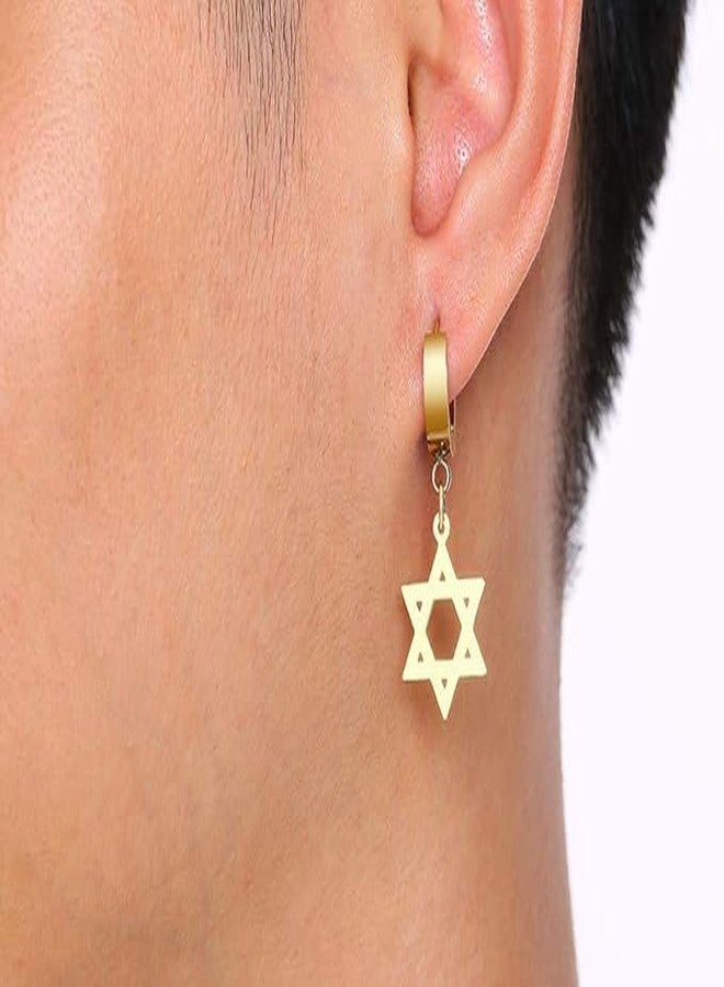 RUIZHEN 3 Pairs Stainless Steel Star of David Hinged Hoop Earrings for Women Men (gold+silver+black) - Image 2
