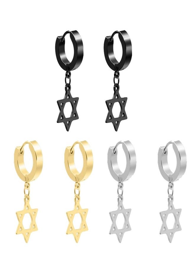 RUIZHEN 3 Pairs Stainless Steel Star of David Hinged Hoop Earrings for Women Men (gold+silver+black) - Image 1