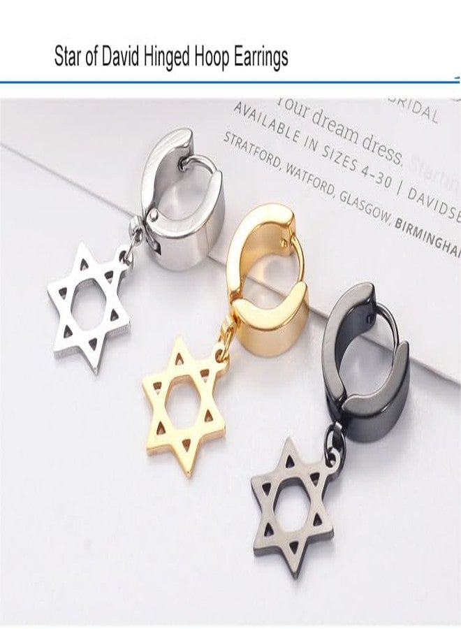 RUIZHEN 3 Pairs Stainless Steel Star of David Hinged Hoop Earrings for Women Men (gold+silver+black) - Image 4