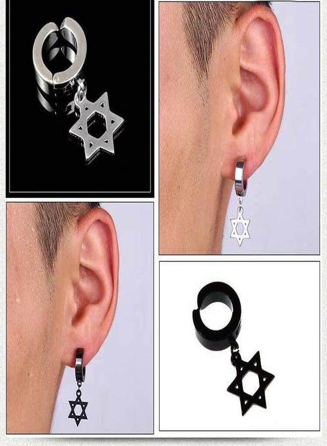 RUIZHEN 3 Pairs Stainless Steel Star of David Hinged Hoop Earrings for Women Men (gold+silver+black) - Image 3