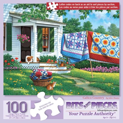 Bits and Pieces 100 Piece Puzzles for Adults Calico Country 100 Extra Large Pieces 15 x 19 Jigsaw Puzzles Quilts Farm Spring No 2 Pieces Alike - Image 1