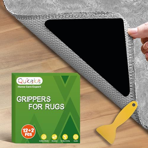 Qukaka 12+2PCS Non Skid Rug Backing for Hardwood Floors and Tiles,Reusable and Washable Non Slip Rug Pads,Rug Tape Hardwood Floor No Damage,Home Decor Apartment Essentials Carpet Tape for Area Rugs - Image 1