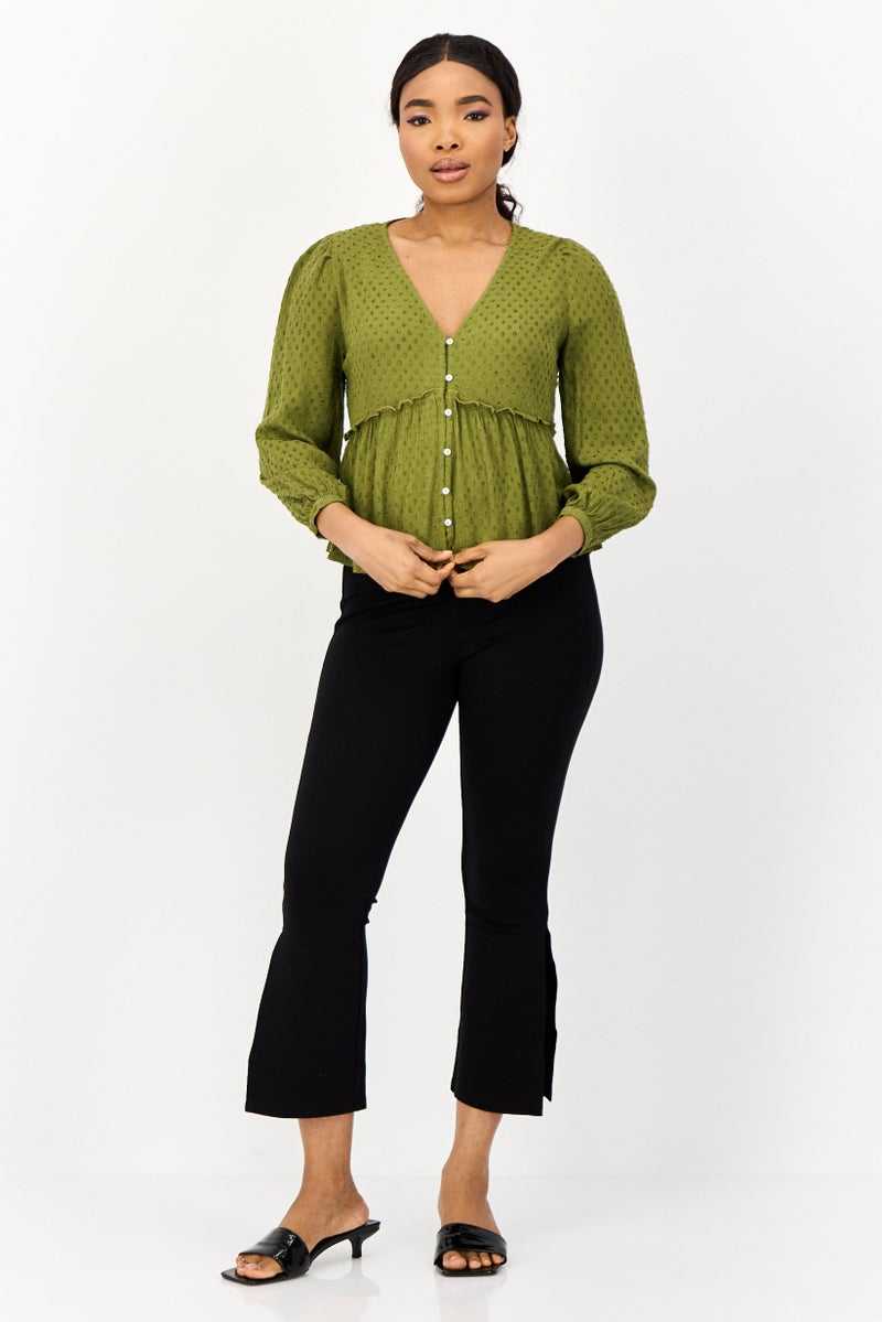 ONLY بلوزة نسائية بأكمام طويلة وفتحة على شكل حرف V، زيتوني - Image 3