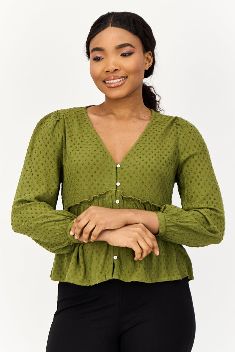 ONLY بلوزة نسائية بأكمام طويلة وفتحة على شكل حرف V، زيتوني - Image 1