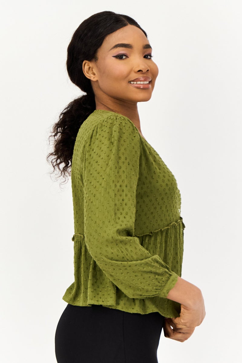 ONLY بلوزة نسائية بأكمام طويلة وفتحة على شكل حرف V، زيتوني - Image 4