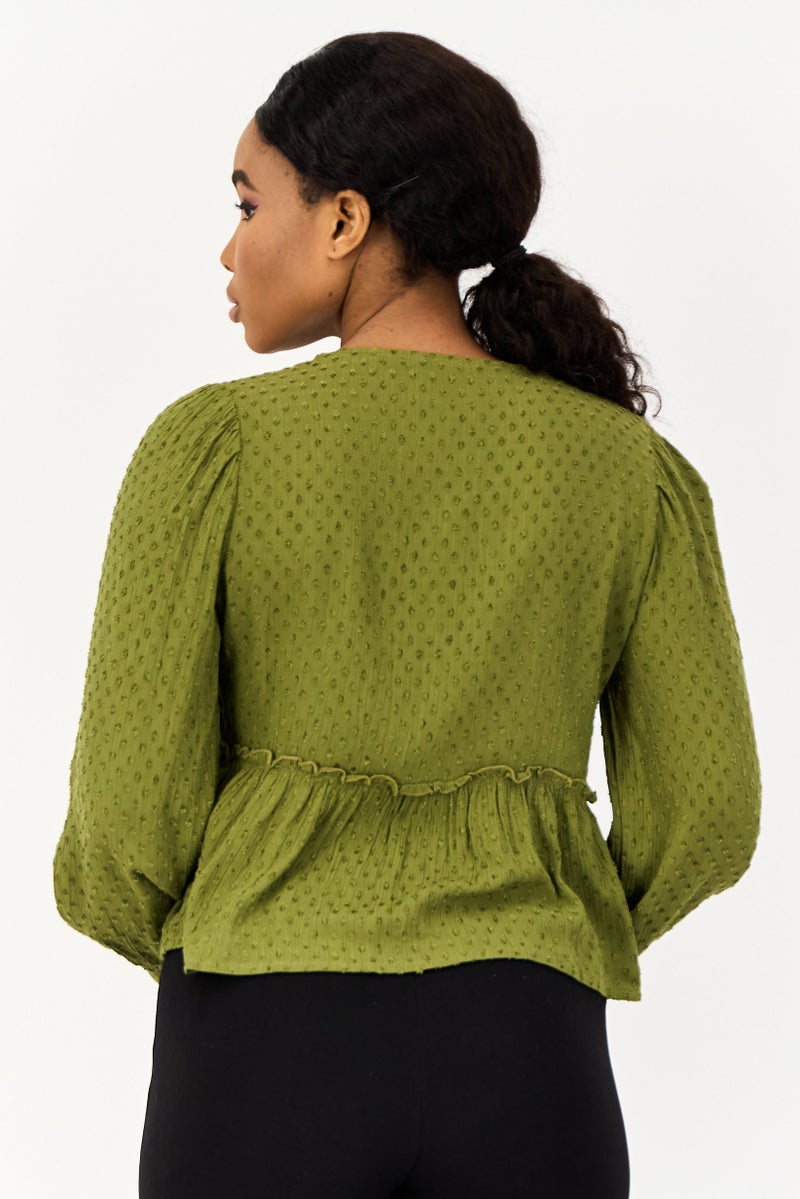 ONLY بلوزة نسائية بأكمام طويلة وفتحة على شكل حرف V، زيتوني - Image 2