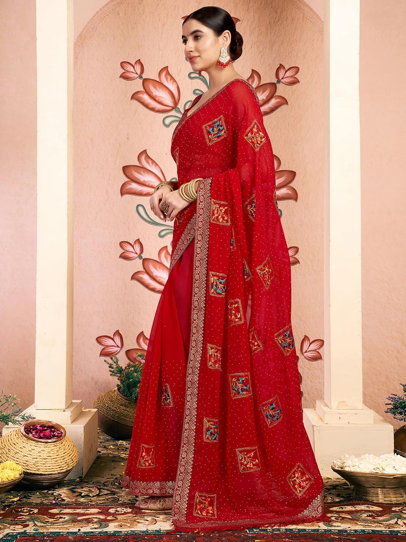 Satrani Women's Georgette Embroidery & Stone Work Saree with Unstitched Blouse Piece (4064S2812N_Red) - Image 2