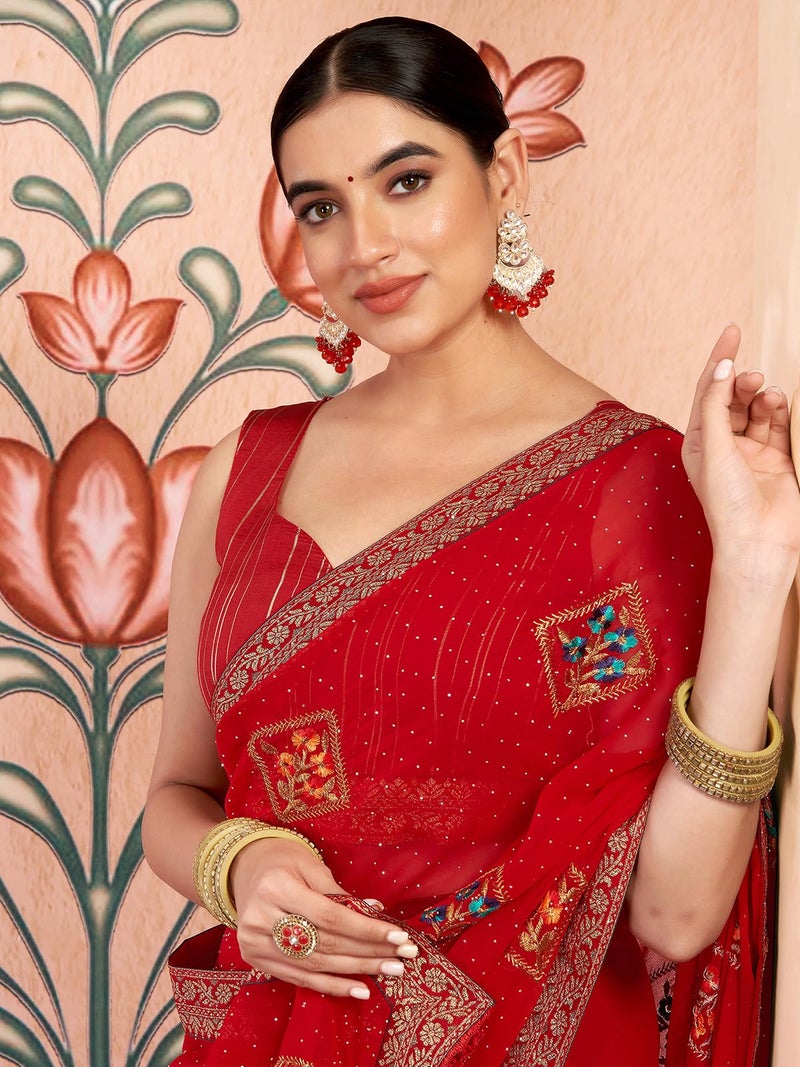 Satrani Women's Georgette Embroidery & Stone Work Saree with Unstitched Blouse Piece (4064S2812N_Red) - Image 4