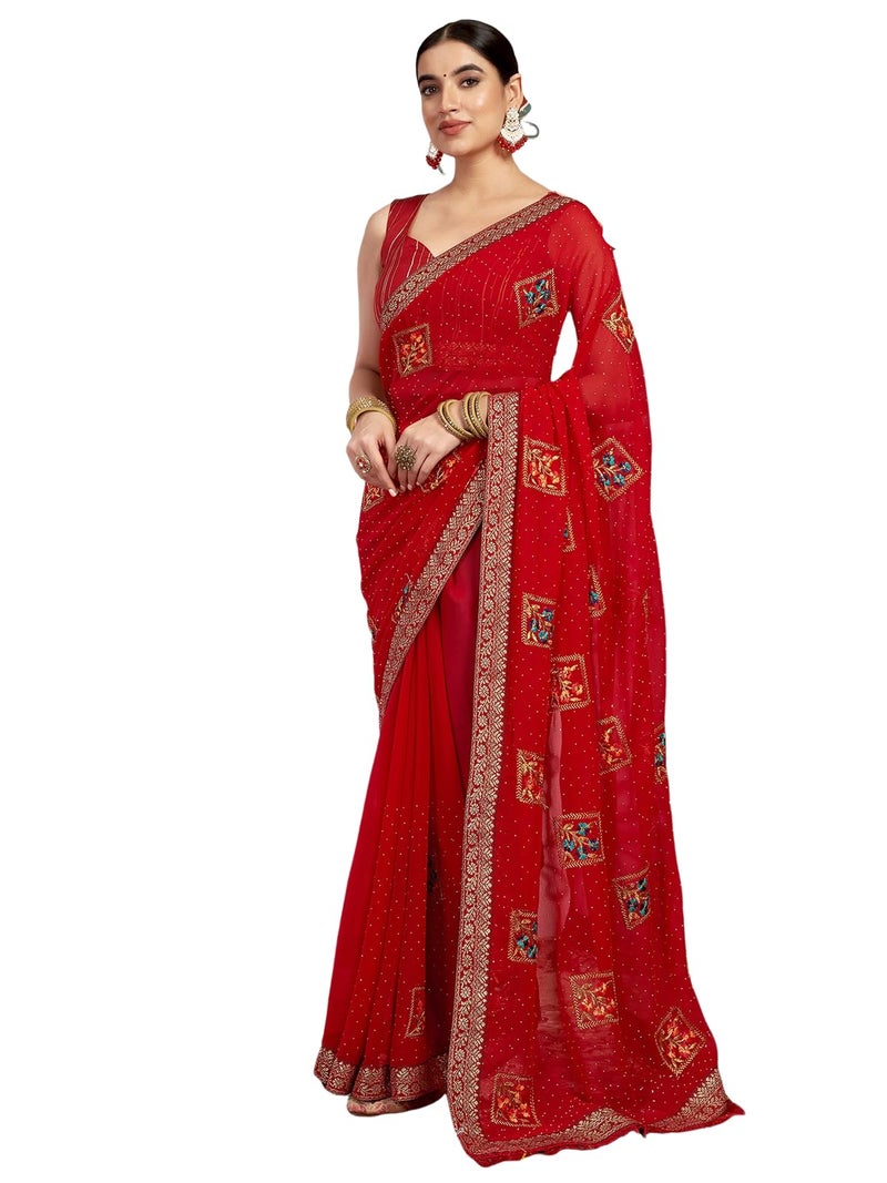 Satrani Women's Georgette Embroidery & Stone Work Saree with Unstitched Blouse Piece (4064S2812N_Red) - Image 1