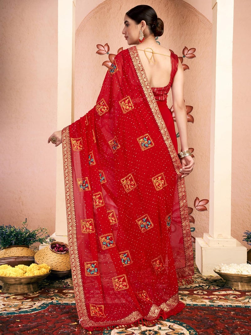 Satrani Women's Georgette Embroidery & Stone Work Saree with Unstitched Blouse Piece (4064S2812N_Red) - Image 3