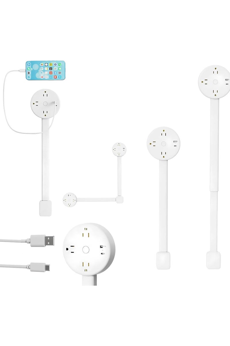 Extendable Outlet Extender Features USB-A/C,3 AC Electrical Outlet Extender Stick for Hard to Reach Spaces Extends 47-67cm,180° Rotating Electrical Outlet for Behind Couches,Nightstands (White) - Image 1